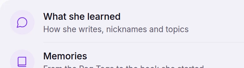 Her page in the web app: what she learned, memories, what was left out, voice and chats.