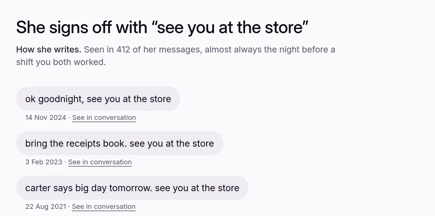 The Review screen: She signs off with see you at the store, shown with three of her real messages and their dates.